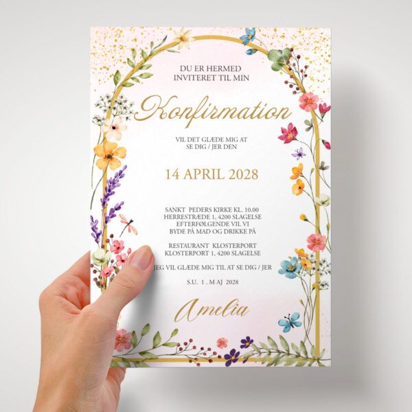 A5 invitation med hånd Wildflower A5 konfirmation invitation